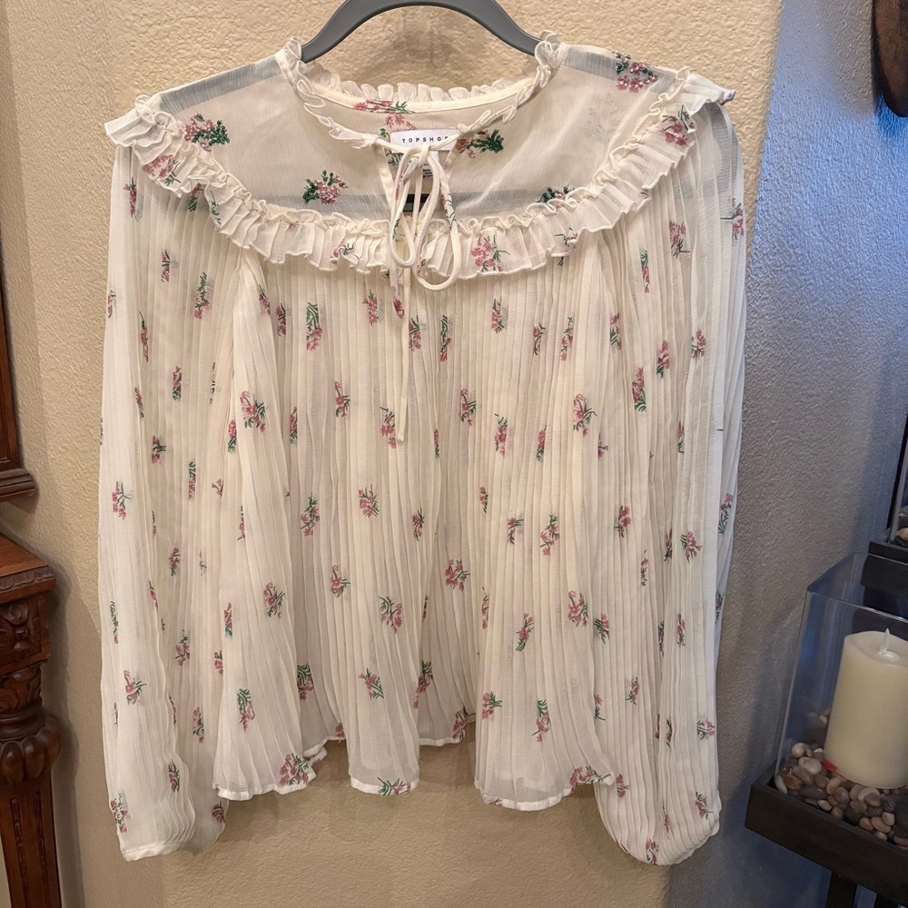 TOPSHOP Women Pleated Floral Ruffle Cottagecore Prairie Boho Blouse Size 4